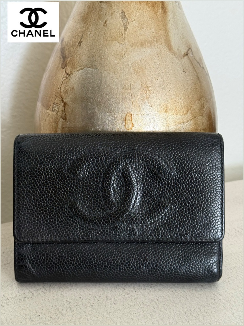 CHANEL CC Timeless Black Caviar Leather Trifold Wallet